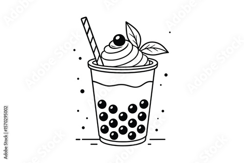 Boba Tea with Tapioca Pearls and Cream Topping Beverage Drink Drawing
