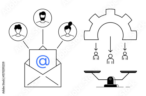 Envelope with email symbol linked to team members profiles and gear directing roles to individuals below. Ideal for teamwork, communication, resource allocation, organization, management
