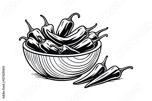 Bowl of Chili Peppers Black and White Line Art Spicy Food Ingredient