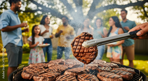 Happy diverse group enjoying a summer backyard barbecue with delicious grilled steaks