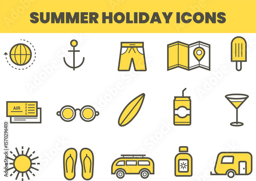 Summer holiday icons globe anchor shorts map popsicle ticket glasses surfboard soda cocktail sun flipflops bus sunscreen camper.