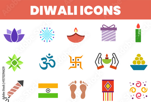 Colorful Diwali Icons Lotus Fireworks Diya Gift Candle Star Om Swastika Hands Laddu Rocket Flag Footprints Lantern Rangoli.