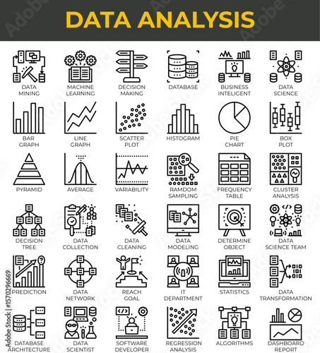 Data analysis icons Machine learning decision making database and data science.