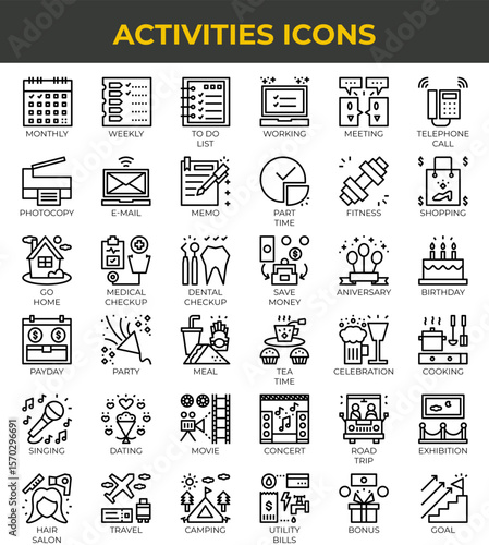 Diverse activities icons Calendar checklist laptop meeting telephone and more.