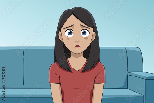 Worried Girl Sitting on Sofa Feeling Unsure and Anxious in Indoors Setup