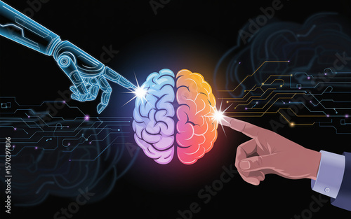 Robot hand human finger touching colorful brain image