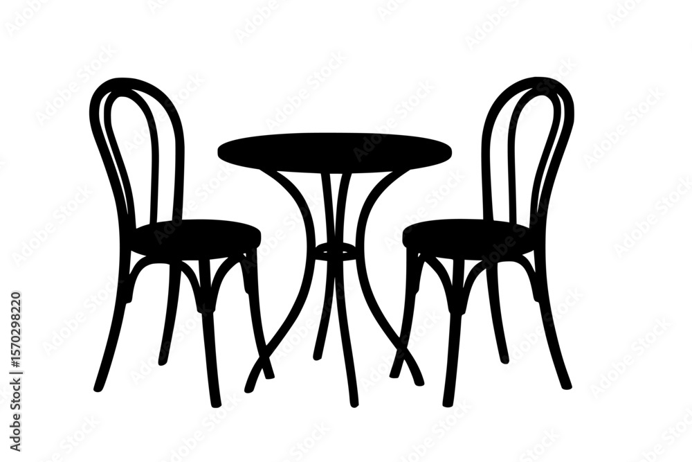Fototapeta premium Silhouette of a Round Table with Two Chairs, Black Color Isolated on White Background