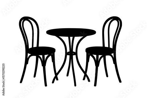 Silhouette of a Round Table with Two Chairs, Black Color Isolated on White Background
