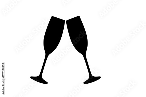Silhouette of clinking champagne glasses, black color isolated on white background