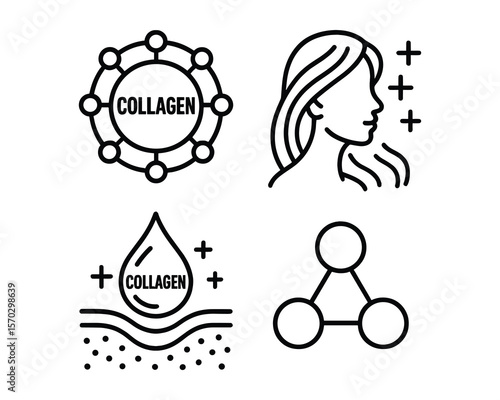 Collagen Icon Set with Molecule, Woman, Drop, and Triangle Symbols Design