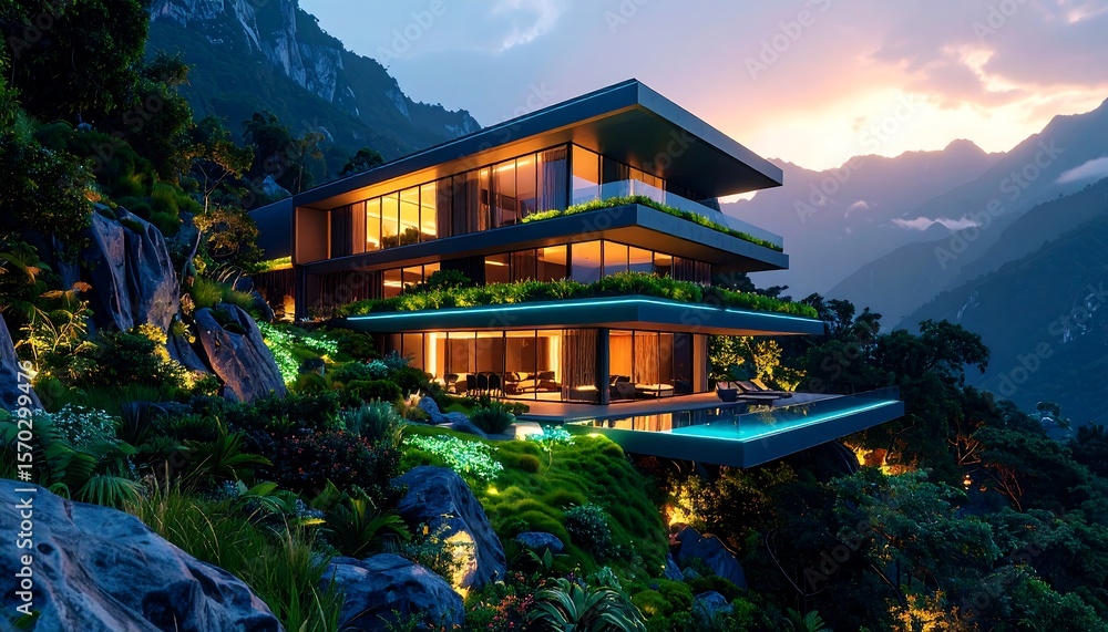 Obraz premium Modern Mountain Home with Pool at Twilight Amidst Lush Greenery