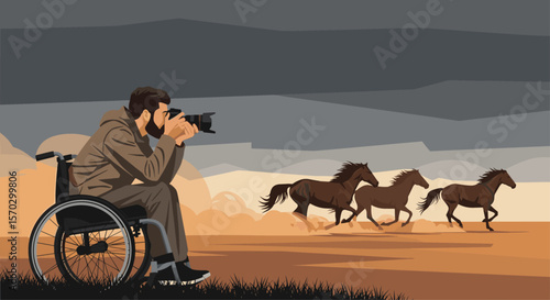 Male Wheelchair Photographer Capturing Wild Horses