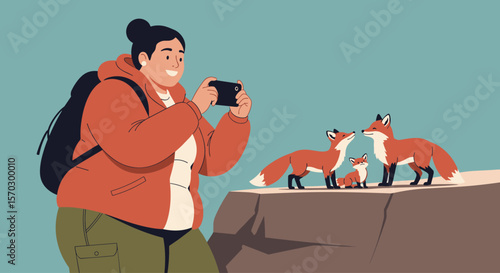 Hispanic plus size woman snapping a photo of a fox family