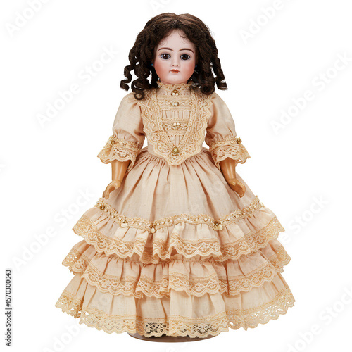 Antique Porcelain Doll in Elegant Dress Isolated Transparent Background