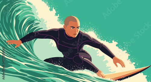 Female shaved hair Surfer Riding a Wave