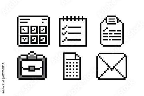 8-bit Office Items Pixel Art Icon Set. Monochrome UI & GUI Sprites with Dithering. Retro Computer Symbols