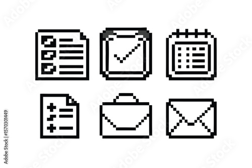8-bit Office Items Pixel Art Icon Set. Monochrome UI & GUI Sprites with Dithering. Retro Computer Symbols