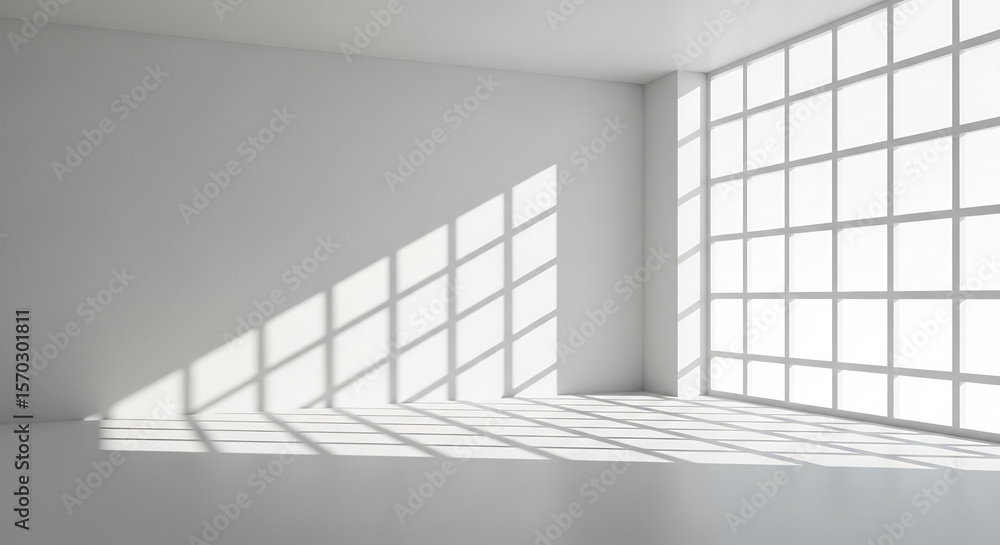 Fototapeta premium Bright White Room with Large Grid Window and Sunlight Shadows 1.