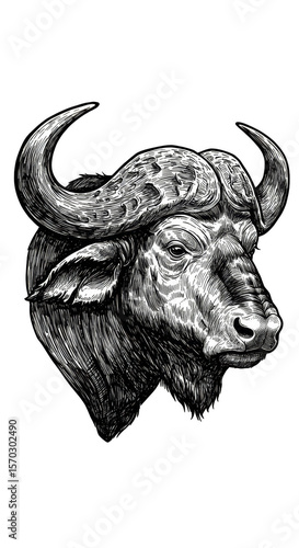 Buffalo Head Illustration Black and White Animal Wildlife Portrait