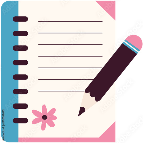 Colorful spiral notebook with black pencil on lined paper. Ideal for school, study tools, journaling icons, or flat illustration design projects.