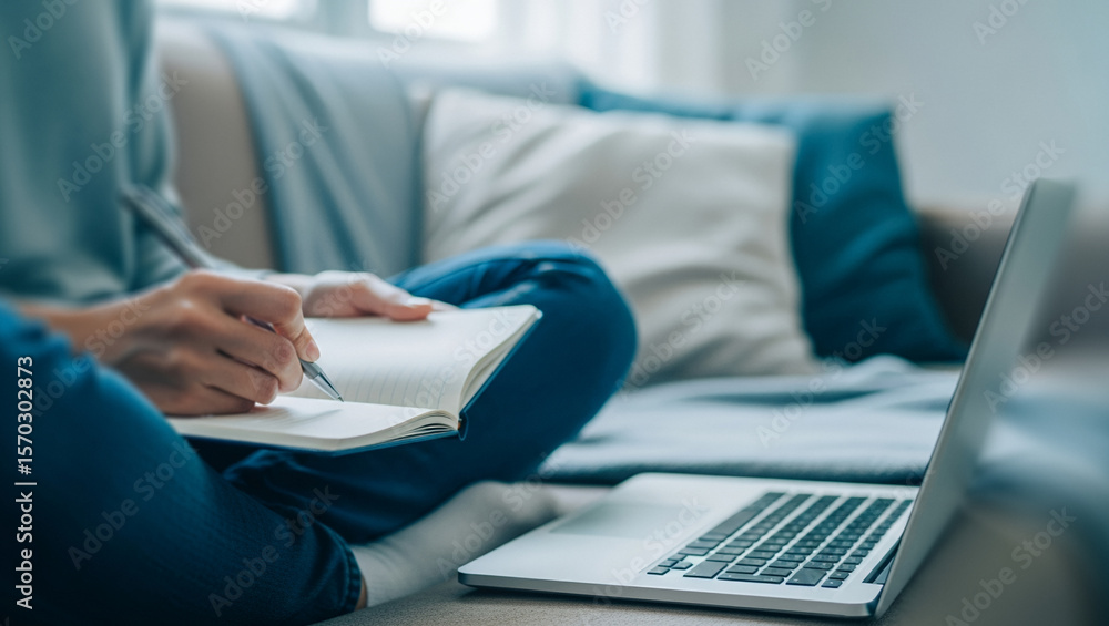 Naklejka premium Person sitting on couch writing in notebook with laptop in foreground.