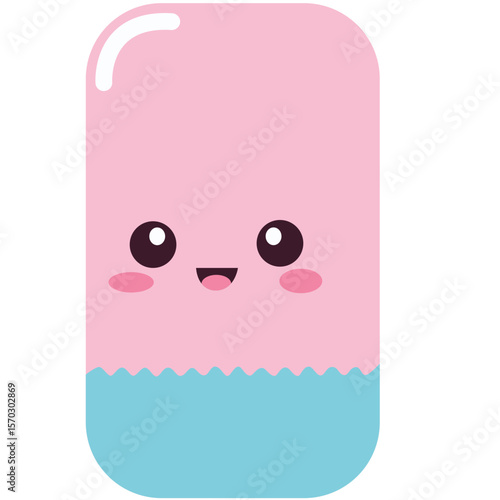 2D illustration of a pink eraser with a cute face and blue base, perfect for school icons, stationery, or kids’ themes.