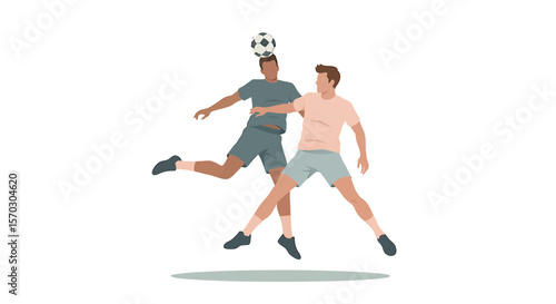 Two men head a soccer ball in mid-air, isolated on white, showcasing sportsmanship and skill with vector illustration.