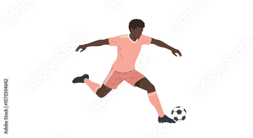 Soccer player kicks a ball powerfully, during a match, vector illustration with copy space showing sportsmanship and athleticism.