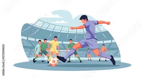 Football Player Kicks the Ball in a Stadium, vector illustration with dynamic action pose, sports competition concept, with copy space.