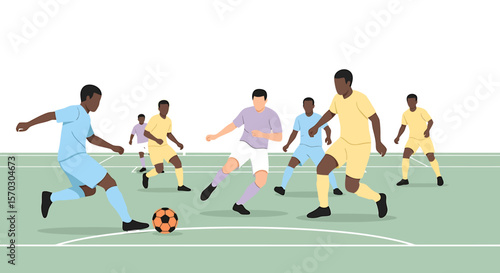 Soccer Players Dribble the Ball During a Game on a Green Field, illustration of teamwork concept with copy space