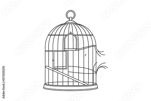 Empty Birdcage Vector Illustration with Simple Line Art Design Style