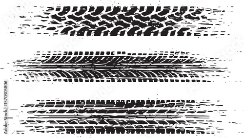 Grungy black tire tracks with distressed textures in horizontal lines for automotive and racing designs.