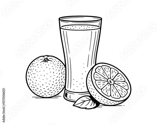 Fresh Orange Juice in Glass with Orange Fruit Halves Isolated on White