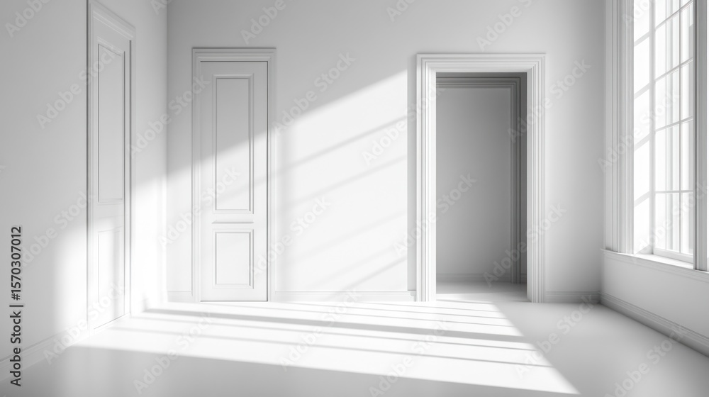Fototapeta premium Sunlit white room with doors and windows
