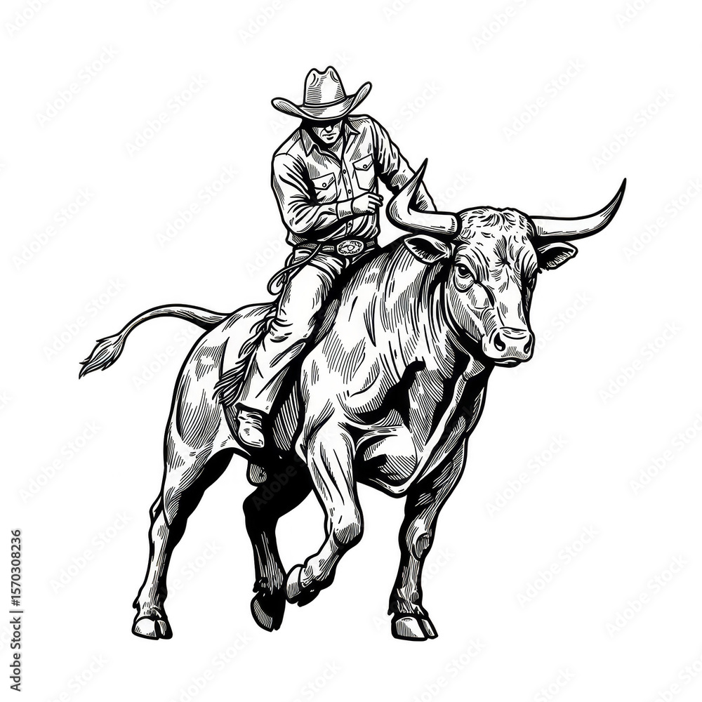 Fototapeta premium Cowboy Riding Bull Vector Illustration Bucking Outline Transparent Background