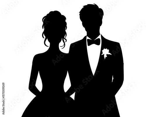 Quadro su tela silhouette of bride and groom, silhouette of married couple, icon isolated on wh