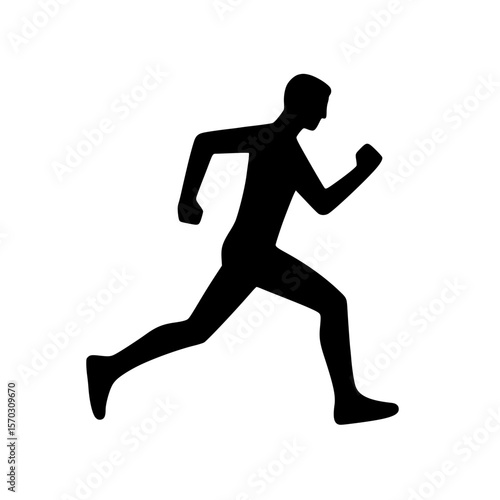 Jogging person icon, black silhouette, mid-step pose, active motion, minimal clipart