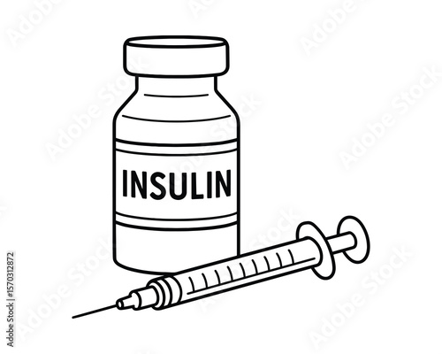 Insulin Vial and Syringe Illustration in Black and White Outline Style