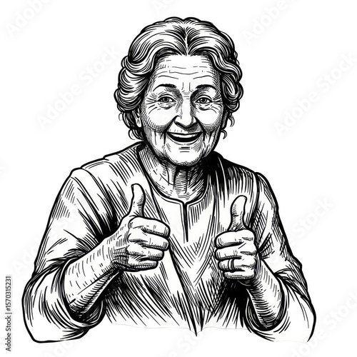 Grandmother Portrait Illustration Happy Elderly Woman Thumbs Up Cartoon