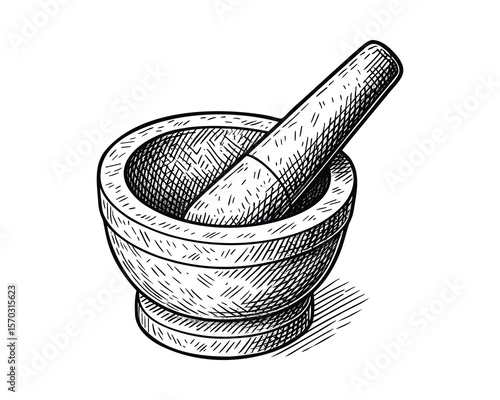 Mortar and Pestle Illustration for Herbal Medicine and Culinary Uses Art