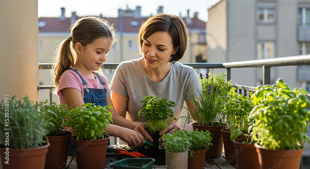 Obraz premium Mother and Daughter Planting Herbs on Balcony Together