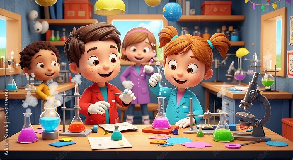 Fototapeta premium Four cartoon children in a brightly colored science lab, engaged in experiments and learning.