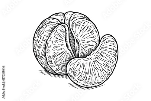 Peeled Tangerine Segments Illustration in Black and White Line Art Style
