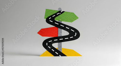 Road Sign With Arrows and Curvy Road Symbolizing Choices and Direction