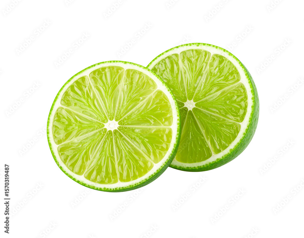 Two vibrant green lime slices with juicy pulp and textured rind detail. Two vibrant green lime slices with juicy pulp and textured rind detail.