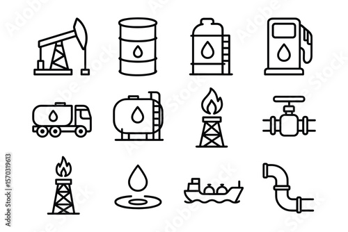 Petroleum and Fuel Industry Icon Set in Outline Style for Energy Production