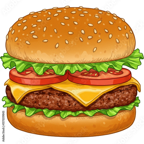 Delicious Cartoon Burger With Lettuce Cheese Tomato On Transparent
