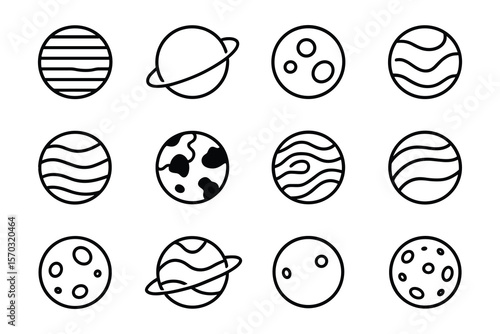 Planet Icon Set Outline Style Space Galaxy Universe Celestial Body