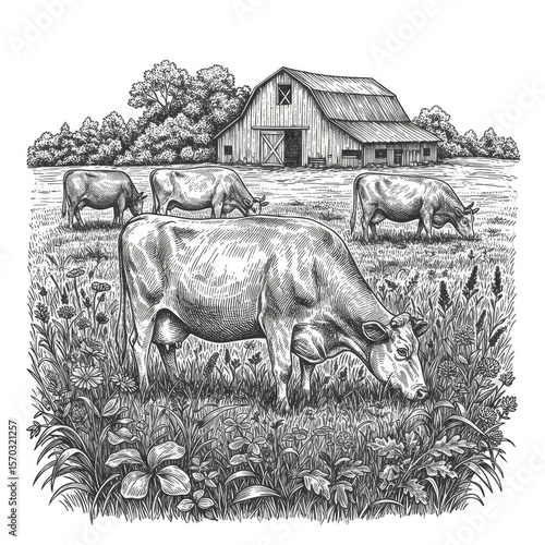 Illustration Barn Farm Cow Grazing Rural Countryside Landscape