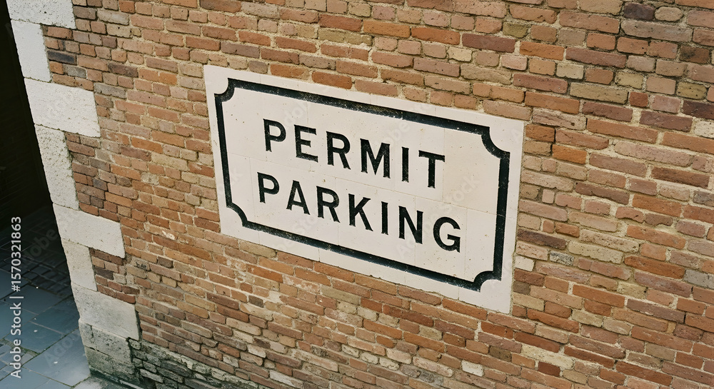 Naklejka premium Permit Parking Sign Mounted on an Old Brick Wall, Urban Scenery Photography